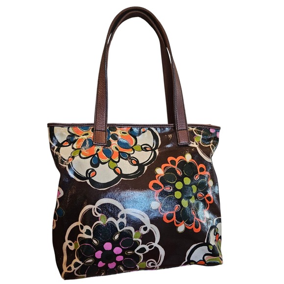 Fossil Key Per Brown Floral Coated Canvas Tote Shoulder Bag Purse Handbag - Picture 7 of 10